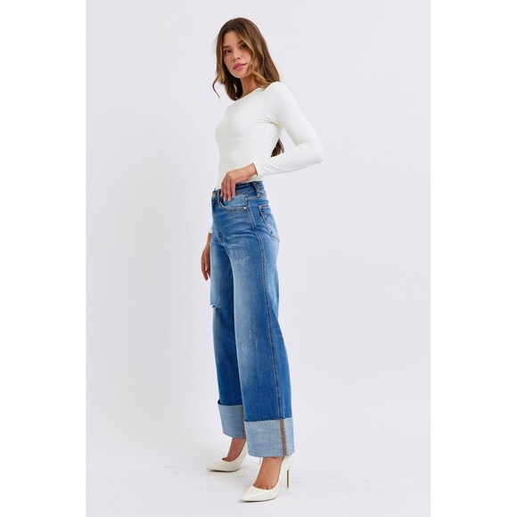 Judy Blue Distressed High Waist Wide Leg Jeans - Picture 6 of 16